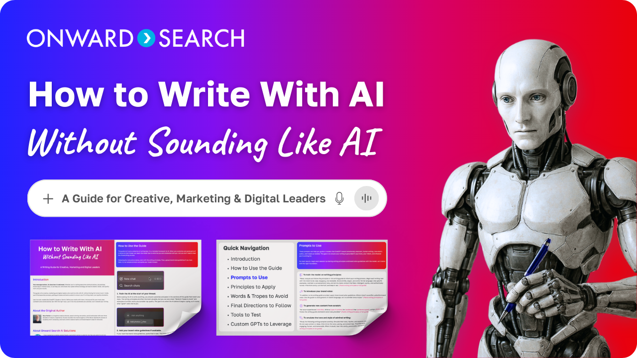 AI Writing Guide Featured Image. A robot holding a pen. The embedded text reads: How to Write with AI Without Sounding Like AI. A Guide for Creative, Marketing & Digital Leaders.