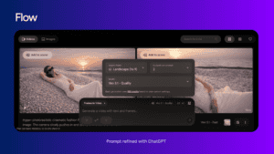 A Flow interface displays two preview frames of a woman in a wedding dress reclining on a beach of sparkling stones at sunset. On-screen controls show settings such as aspect ratio, outputs per prompt, and a Veo 3.1 model selection. Text at the bottom reads “Prompt refined with ChatGPT,” highlighting ChatGPT's role in refining the prompt for Flow (Veo).