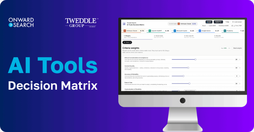 A computer screen open to the AI Tools Decision Matrix interface. Embedded Text Reads: Onward Search. Tweddle Group. AI Tools Decision Matrix.
