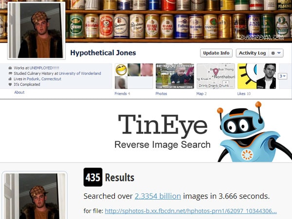 An example of how a facebook image may be linked to many different websites via a TinEye search