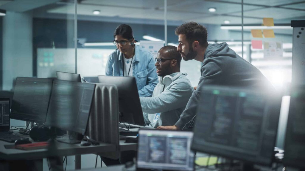 Diverse Group of Professionals Meeting in Modern Office discussing artificial intelligence