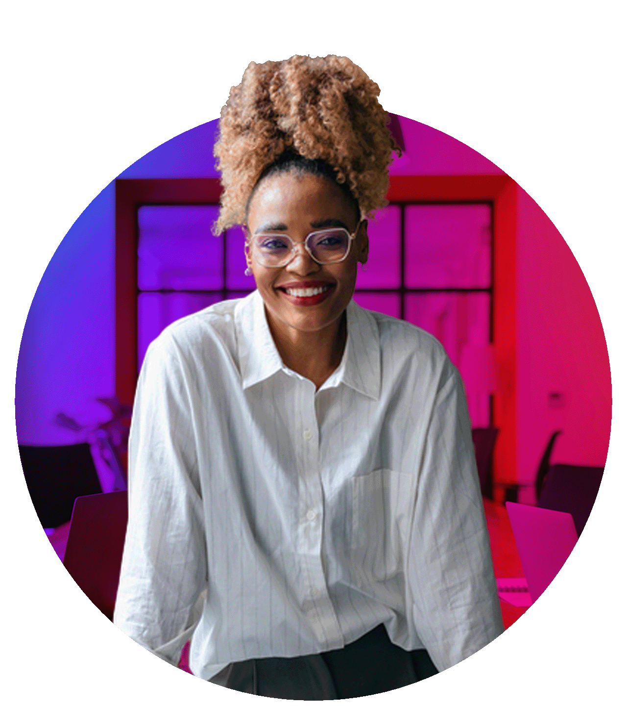 Onward Search hire marketing experts hero image; African American marketing professional smiling with purple/red gradient background