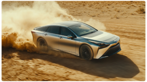 A sleek, futuristic car with a silver and black color scheme speeds through a dusty desert terrain, kicking up a trail of dust behind it. The vehicle has an aerodynamic design with sharp angles and a low profile, giving it a high-performance appearance. The background consists of a vast, arid landscape well-lit with natural sunlight.