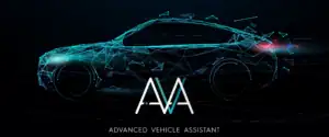 Digital illustration of a car outlined in glowing blue geometric lines and dots, representing futuristic vehicle technology. At the center bottom, the acronym "AVA" appears in bold stylized letters, with the full phrase "Advanced Vehicle Assistant" written beneath it. The image conveys innovation, connectivity, and advanced automotive intelligence.

