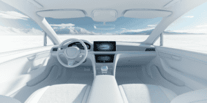Futuristic car interior in a minimalist white design, set against a snowy desert landscape with mountains in the distance. The dashboard features two large digital screens—one behind the steering wheel and one in the center console—displaying an advanced vehicle assistant interface. The overall aesthetic emphasizes clean technology and a high-tech driving experience.

Futuristic car interior in a minimalist white design, set against a snowy desert landscape with mountains in the distance. The dashboard features two large digital screens—one behind the steering wheel and one in the center console—displaying an advanced vehicle assistant interface. The overall aesthetic emphasizes clean technology and a high-tech driving experience.