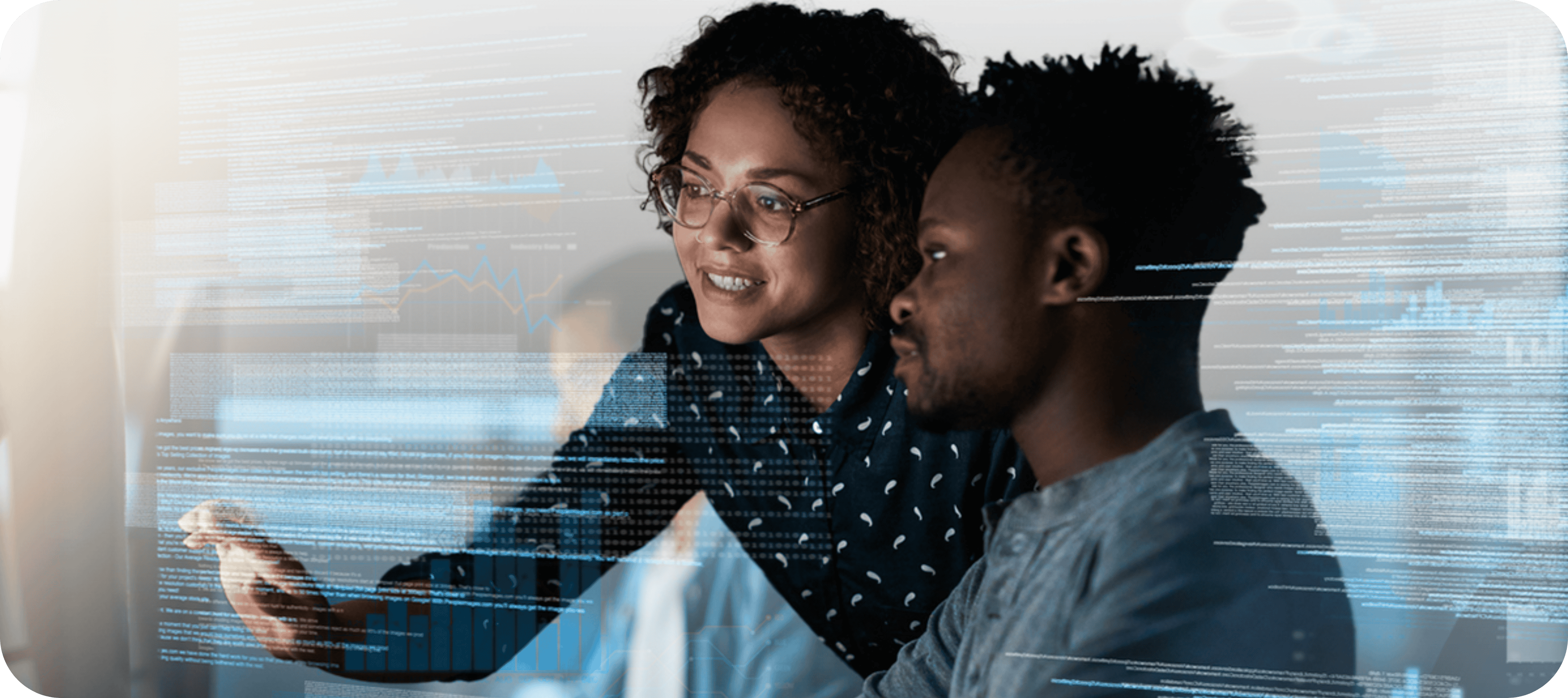 An AI consultant shows a business leader how to drive AI adoption, pointing at a computer screen displaying data visualizations and code. Both individuals appear engaged and focused, with digital interface elements overlaid to represent AI technology and strategic implementation.