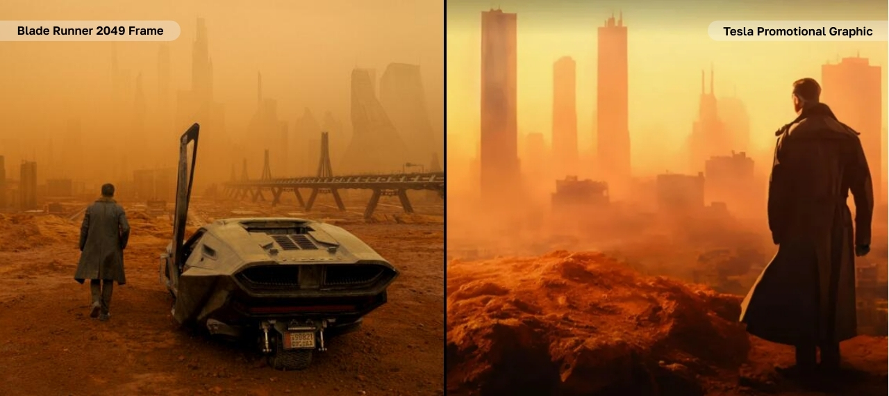 Side-by-side comparison of two images with a similar composition, serving as an example of alleged IP infringement and demonstrating AI legal risks. Left (Blade Runner 2049 Frame): A man in a long coat walks away from a futuristic car with its gull-wing door open, toward a hazy skyline of tall, futuristic buildings. The ground is dusty and orange, with a rail structure stretching into the distance. Right (Tesla Promotional Graphic): A man in a long coat stands on a rocky, orange terrain, looking out at a futuristic skyline bathed in a warm orange glow. The scene closely mirrors the left image’s perspective and atmosphere but without the car, focusing entirely on the figure and city backdrop.
