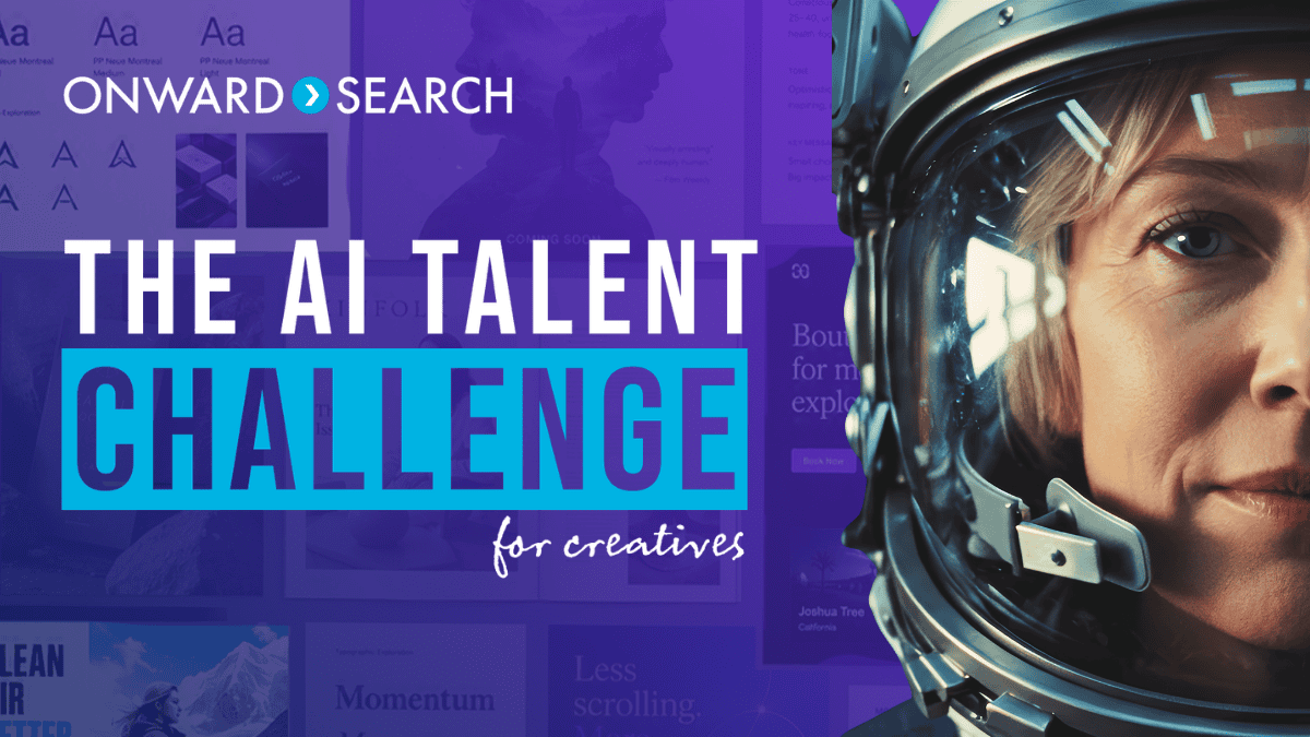 A close-up portrait of a person wearing an AI-generated astronaut's head appears alongside a collage of modern editorial layouts, magazines, and web design mockups, blending themes of creativity, exploration, and innovation. The embedded Text reads: Onward Search The AI Talent Challenge for Creatives.